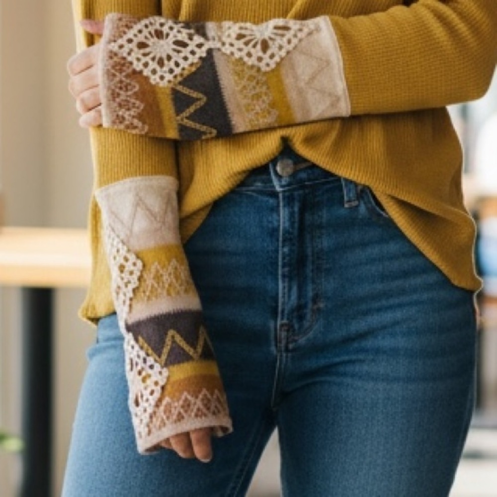 Women's Mustard Yellow Top with Fabric Design Cuffs - Picture 3 of 10